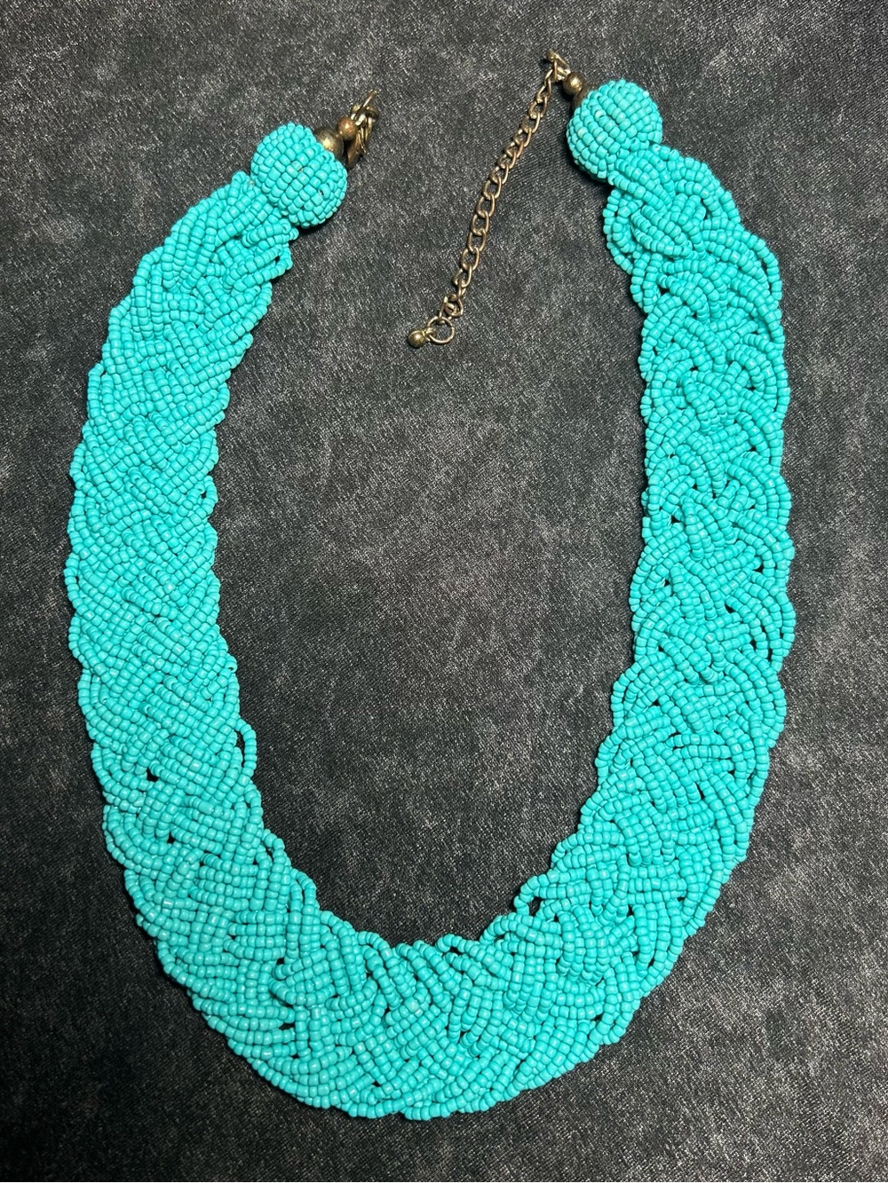 Chicoās Turquoise Blue Seed Bead Braided Bib Necklace Multi Strand Statement